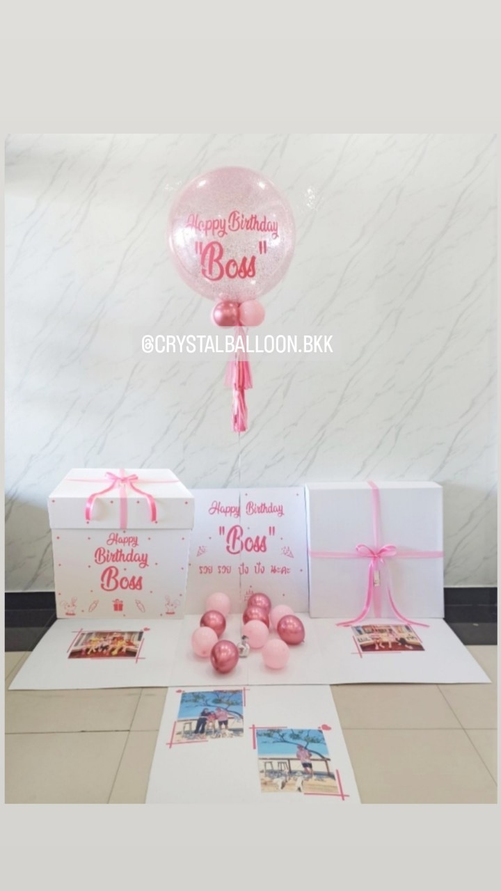 Happy Birthday กล่องเซอร์ไพรส์วันเกิด Bubble ขนาด 24" กลิตเตอร์สีชมพู พร้อมตกแต่ง สามารถใส่รูปได้ 4 ใบ สามารถเปลี่ยนสีลูกโป่ง/เปลี่ยนข้อความได้
