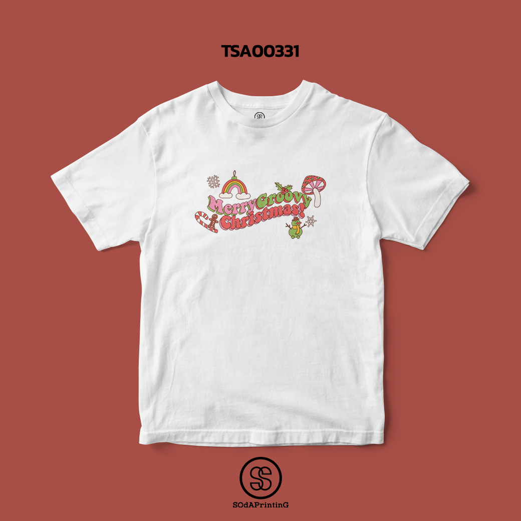 เสื้อยืด พิมพ์ลาย Merry Groovy Christmas สีขาว รหัส TSA00331 #เสื้อ #เสื้อยืด