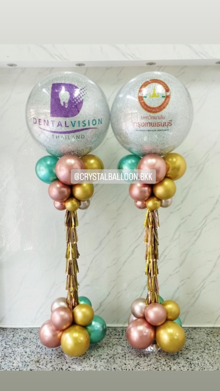เสาลูกโป่ง เปิดงาน Bubble ขนาด 36" กลิตเตอร์สีเงิน 2 เสา พร้อมตกแต่ง สามารถเปลี่ยนสีลูกโป่ง/เปลี่ยนข้อความได้