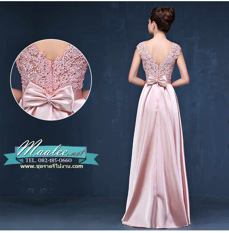 พร้อมเช่า ชุดราตรียาว แขนกุด สีเขียว อกแต่งลูกไม้ กรโปรงเนื้อผ้ามัน คาดเอวคริสตัล เซ็กซี่ผ้าหลัง เพิ่มเข็มกลัดโบว์ช่วงหลัง