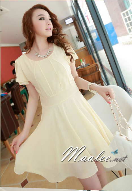 พร้อมส่ง ชุดออกงาน ชุดเดรสชีฟอง Slim Design สีครีม แขนและกระโปรงชายย้วย (เหลือเฉพาะไซส์ XXL)