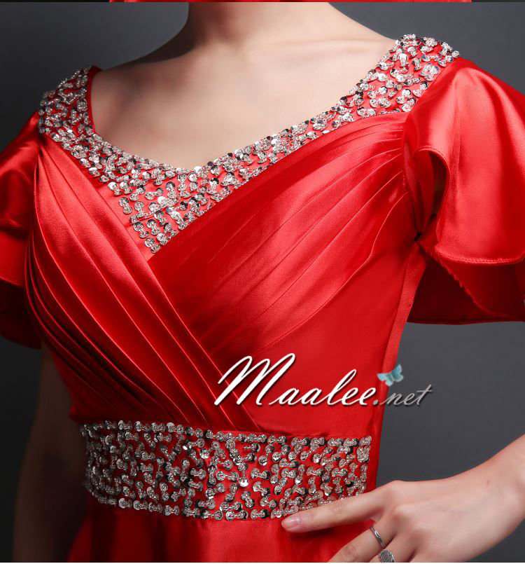 พร้อมเช่า สำหรับสาวไซส์ใหญ่ ชุดราตรียาว แบบแขนสั้น ผ้าซาตินสวยสง่า อกจับจีบปักเลื่อมช่วงอก-เอว สีฟ้า (เชือกผูกหลัง)