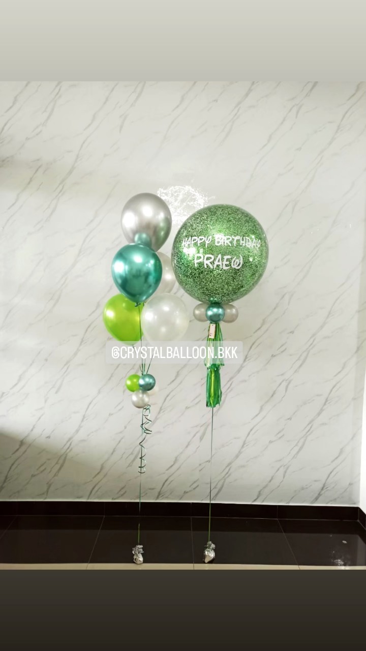 ลูกโป่ง วันเกิด Bubble ขนาด 24" Theme สีเขียว พร้อมตกแต่ง ช่อลูกโป่ง 5 ลูก 1 ช่อ สามมารถเปลี่ยนสีลูกโป่ง/สามารถเปลี่ยนข้อความ/เปลี่ยนขนาดได้