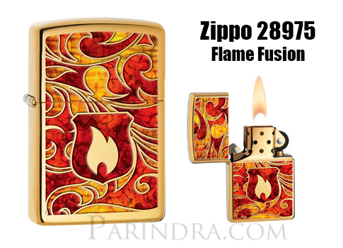 ไฟแช็ค Zippo แท้ โล่เพลิงสีทองอร่าม " Zippo 28975 Flame Fusion, High Polish Brass " แท้นำเข้า 100%