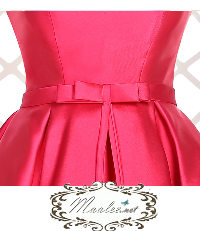 พร้อมส่ง ชุดราตรีสั้น แบบปาดไหล่ ผ้าซาตินเรียบหรู กระโปรงทรงA แต่งโบว์2ชั้น ช่วงเอว สีชมพู Hot pink (เชือกผูกหลัง)