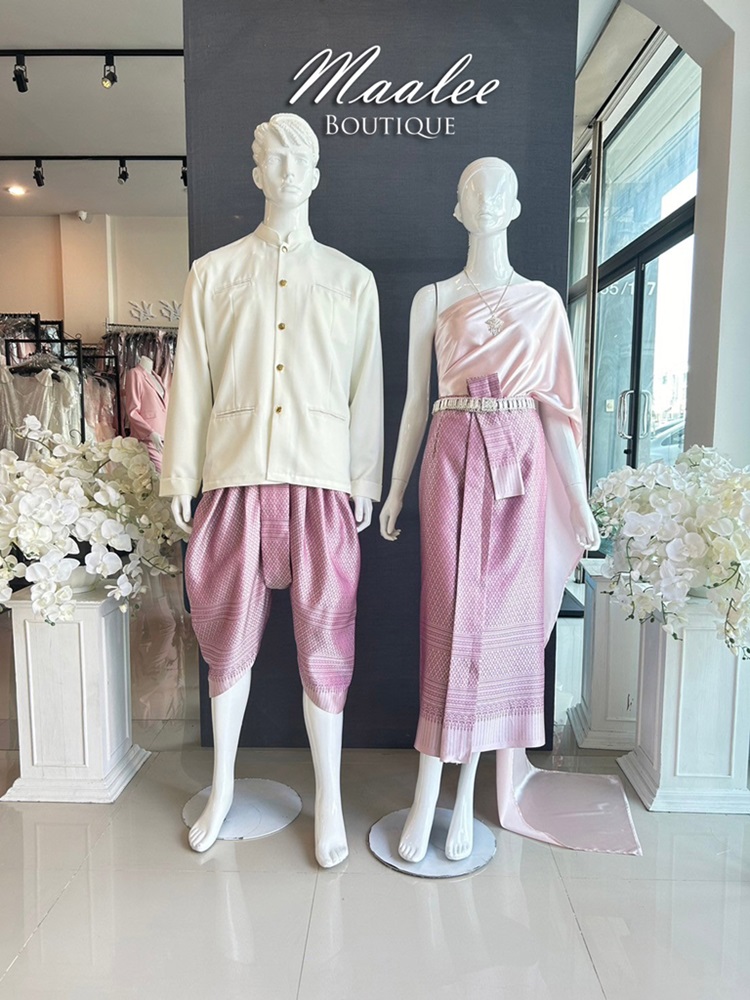 เช่า ชุดไทย ชุดเพื่อนเจ้าสาว ชุดไทยผ้าถุงสีม่วง สไบเรียบสีชมพู