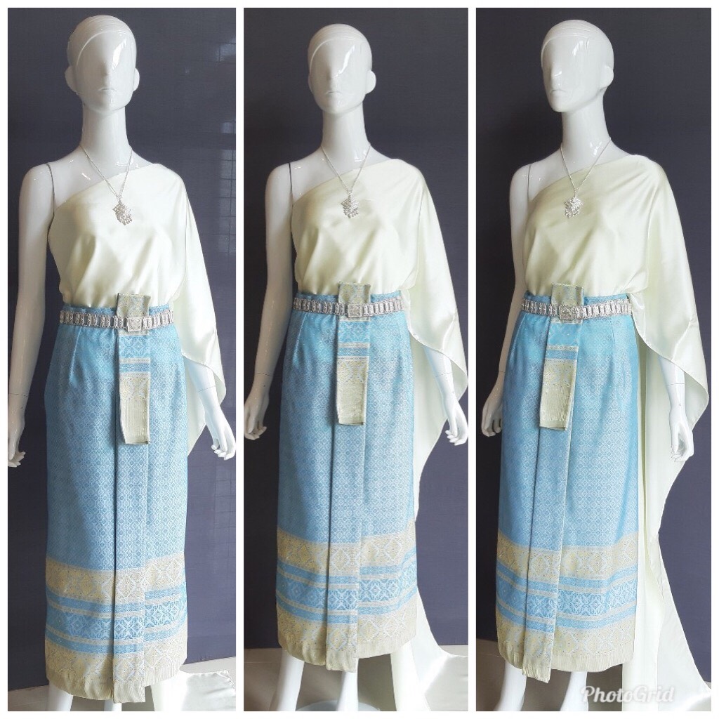 เช่า ชุดไทย ชุดเพื่อนเจ้าสาว ชุดไทยผ้าซิ่นสีฟ้า สไบเรียบสีงาช้าง