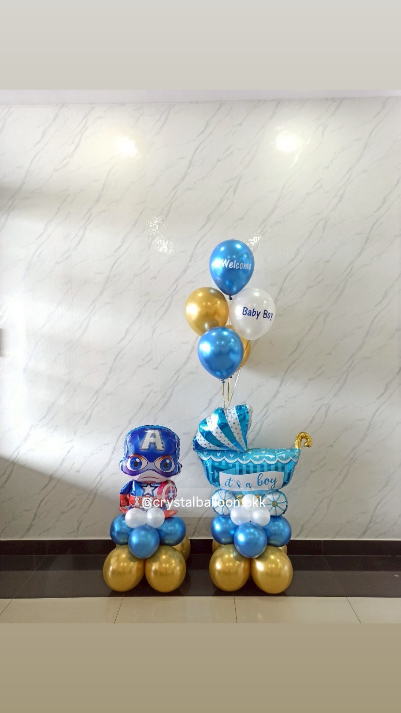ลูกโป่ง Welcome Baby Boy ฟอยล์รถเข็น สีฟ้า ตั้งฐาน 1 ชิ้น พร้อม ลูกโป่งช่อ 5 ลูก 1 ช่อ,ฟอยล์ กัปตันอเมริกา ตั้งฐาน 1 ชิ้น พร้อมตกแต่ง สามารถเปลี่ยนสีลูกโป่ง/เปลี่ยนข้อความ/เปลี่ยนสี-ฟอยล์ตกแต่งได้