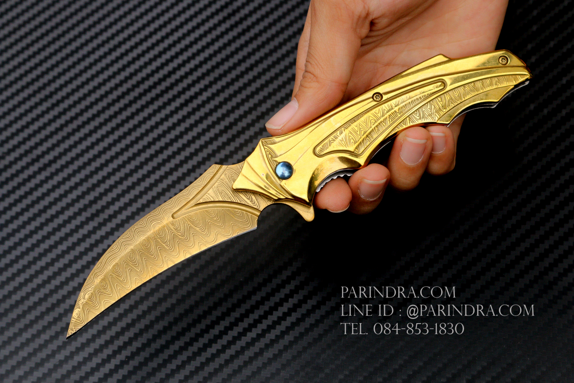 มีดพับทรงใบโค้ง ใบลายดามัสกัส สีทอง สวยมาก