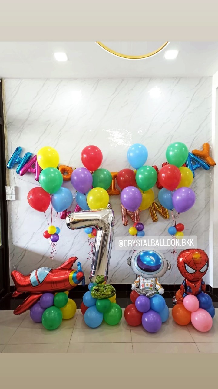 ลูกโป่ง วันเกิดเด็ก Theme อวกาศ และ Spider Man พร้อม ฟอยล์ตัวอักษร Happy Birthday,ฟอยล์ตัวอักษร ขนาด 16" 4 ตัวอักษร พร้อม ช่อลูกโป่ง 5 ลูก หลากสี,ฟอยล์ตัวเลข ขนาด 40" ตั้งฐาน 1 ชิ้น พร้อมตกเเต่ง สามารถเปลี่ยนสีลูกโป่ง/เปลี่ยนสี-ฟอยล์ตัวเลข/เปลี่