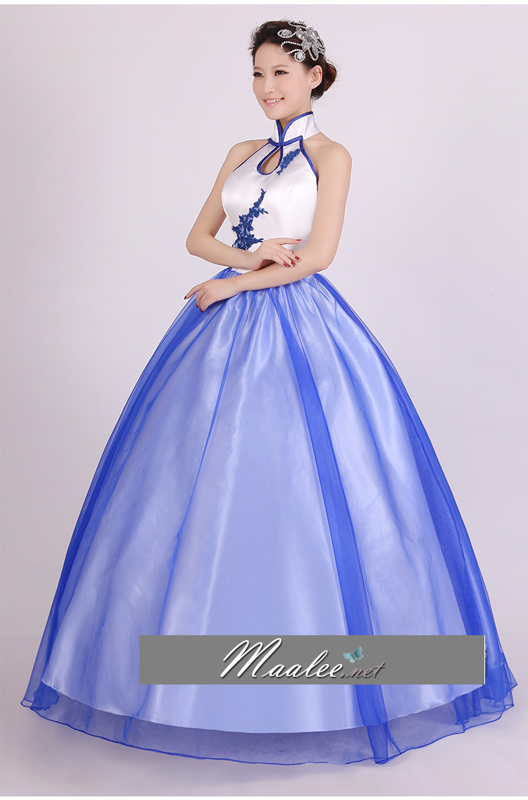 พร้อมเช่า ชุดแฟนซี ชุดราตรียาว ชุดจีน กี่เพ้า สีขาว น้ำเงิน แบบเก๋