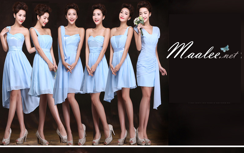 พร้อมเช่า ชุดเพื่อนเจ้าสาว ผ้าชีฟอง สีฟ้า ชุดเข้ารูปเน้น อกเเอว สะโพก แบบแขนกุกช่วยพรางต้นแขนได้