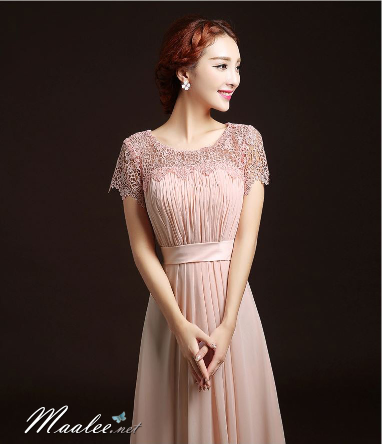 พร้อมเช่า ชุดราตรียาว ลูกไม้ กระโปรงผ้าชีฟอง อกจับจีบ เรียบหรู สีชมพู