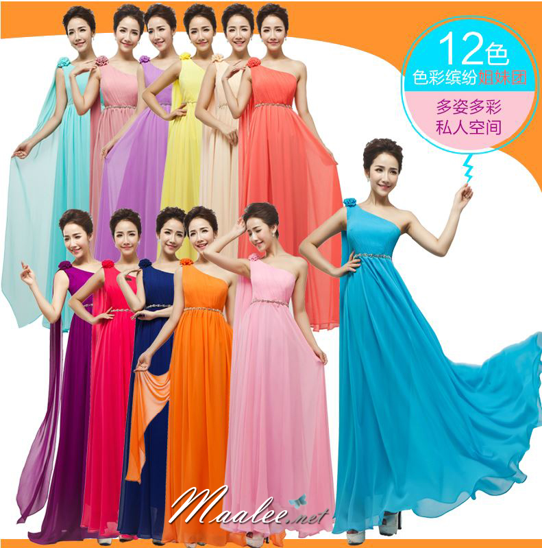 พร้อมส่ง ชุดราตรียาว ไหล่เดียว ผ้าชีฟองแต่งดอกที่ไหล่ เอวคาดเพชรสวย สีแดง