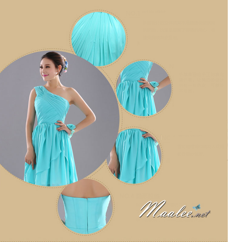 พร้อมส่ง ชุดราตรียาว ชุดเพื่อนเจ้าสาว สีฟ้ามิ้นต์ แบบ A ไหล่เดียว แต่งระบายด้านหน้า