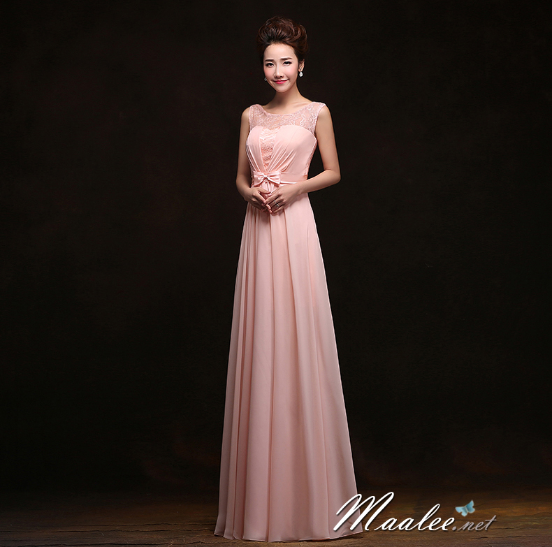 พร้อมส่ง ชุดราตรียาว แบบแขนกุด ผ้าชีฟอง แต่งผ้าลูกไม้ & โบว์ช่วงเอว สวยหวาน สีชมพู (เชือกผูกหลัง)