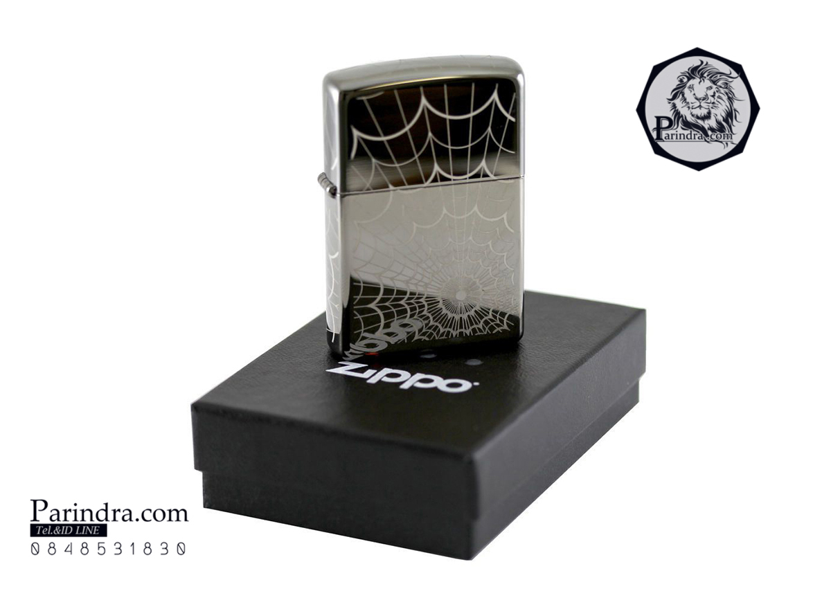 ไฟแช็ค Zippo แท้ ลายใยแมงมุม ขยุ้มหัวใจ "Spider Web, Black Ice Chrome Lighter" #28527 แท้นำเข้า 100%