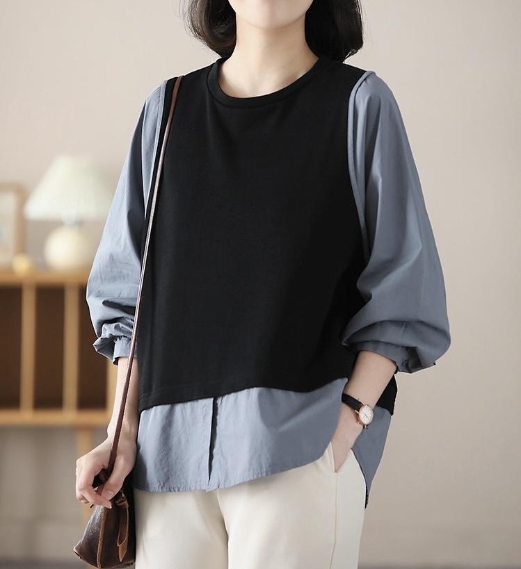 เสื้อยืดต่อลายผ้าฝ้ายทรงไหล่ล้ำ