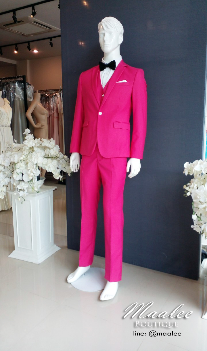 พร้อมเช่า ชุดสูทชาย สีชมพูบานเย็น ทรงเข้ารูป Slim-cut (พร้อมเสื้อกั๊ก) สำเนา