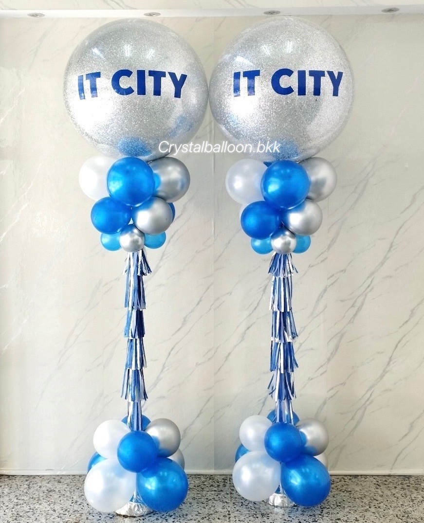 เสาลูกโป่ง เปิดร้าน Bubble ขนาด 36" กลิตเตอร์สีเงิน 2 เสา พร้อมตกแต่ง สามารถเปลี่ยนสีลูกโป่ง/เปลี่ยนข้อความได้