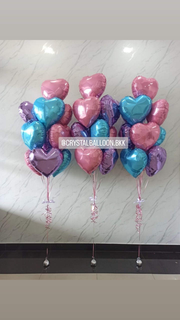 ลูกโป่ง Valentine ช่อลูกโป่ง ฟอยล์หัวใจ ขนาด 18" Theme ฟ้า-ชมพู-ม่วง ช่อ 10 ลูก 3 ช่อ พร้อมตกแต่ง สามารถเปลี่ยนสี-ฟอยล์ตกแต่งได้ได้
