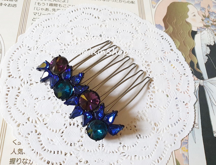Aznavour หวีสับ&หวีเสียบเซลลูโลสแต่งคริสตัล Swarovski (Deep blue)
