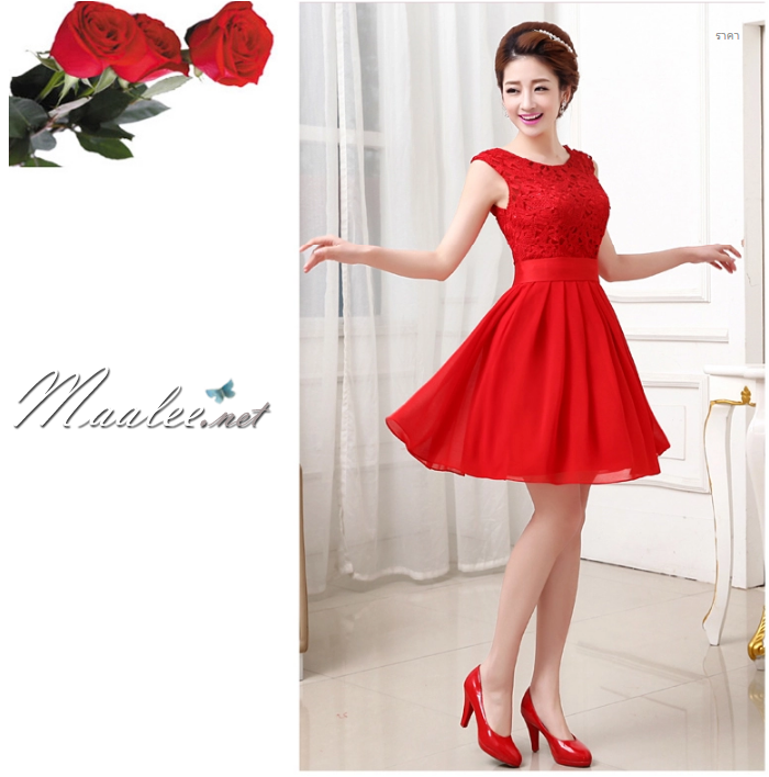 พร้อมเช่า ชุดราตรีสั้น สีแดง แขนกุด ลูกไม้ฉลุ กระโปรงผ้าชีฟอง