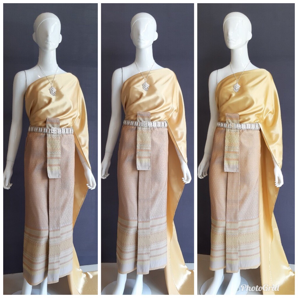 เช่า ชุดไทย ชุดเพื่อนเจ้าสาว ชุดไทยผ้าถุงสีเทาชาทอง สไบเรียบสีทอง