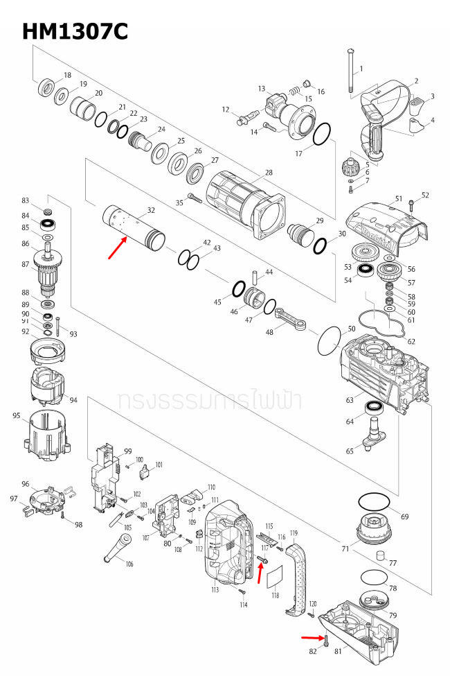 CYLINDER 52 สกัดไฟฟ้า Makita มากีต้า HM1307C [#32] Pn.331870-9 (แท้) ##