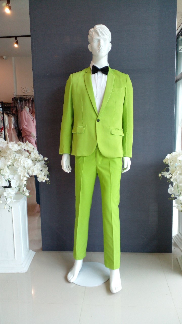 พร้อมเช่า ชุดสูทชาย สีเขียวอ่อน สไตล์เกาหลี (ไม่มีเสื้อกั๊ก)