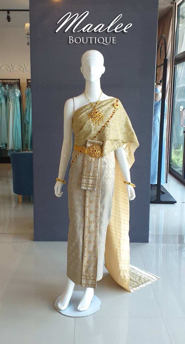 พร้อมเช่า ชุดแต่งงานไทยประยุกต์ ชุดหมั้นไทย สีเทาทอง เสื้อสูทสากล