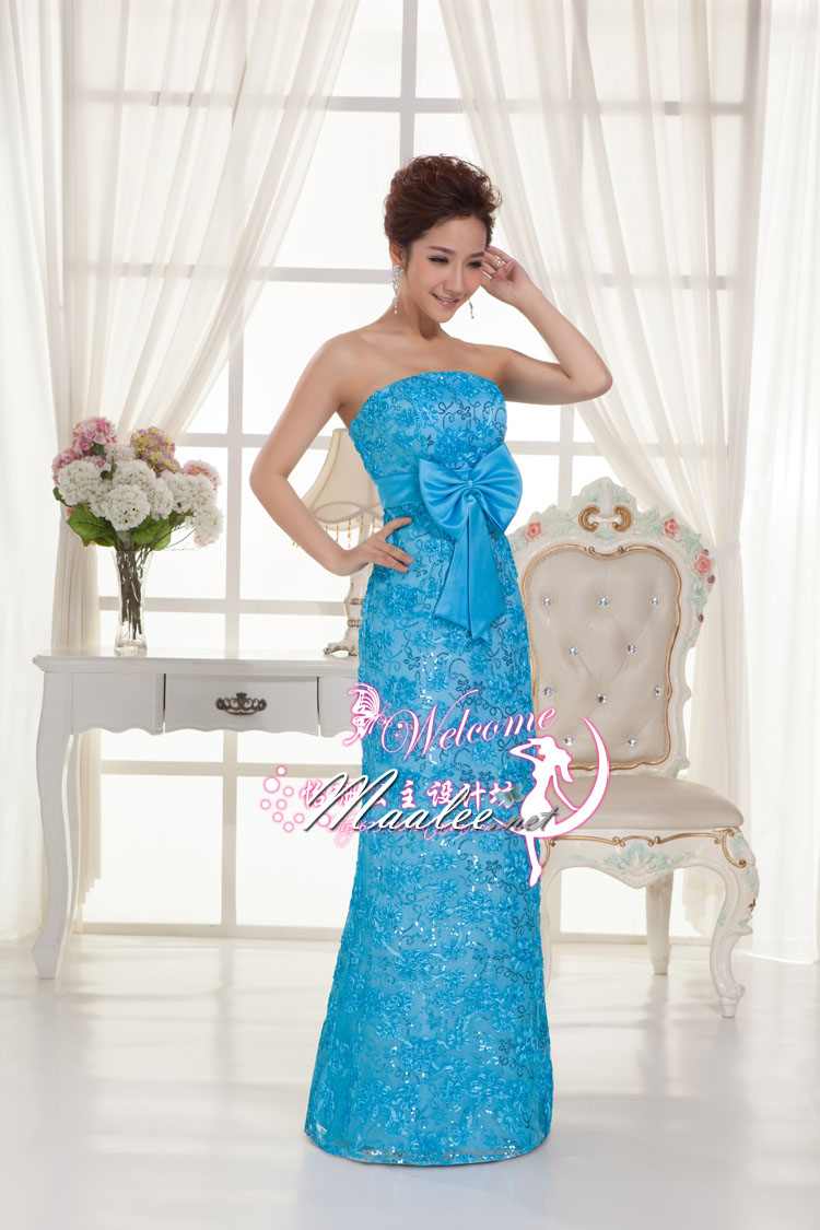 พร้อมส่ง ชุดราตรียาว เกาะอก สีฟ้า ลูกไม้ริบบิ้นปักเลื่อม ทรงหางปลาพร้อมโบว์คาดเอว