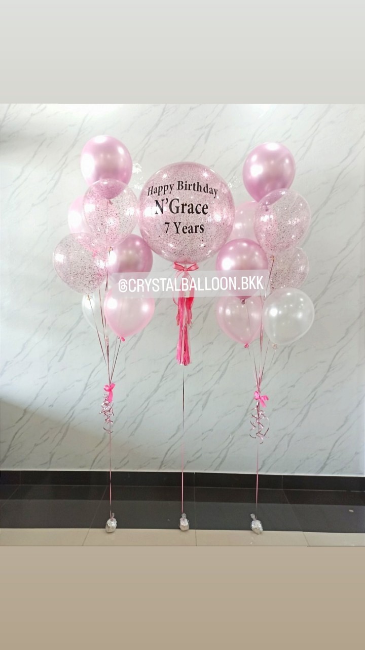 ลูกโป่ง วันเกิดเด็ก Bubble ขนาด 24" กลิตเตอร์สีชมพู ช่อลูกโป่ง 7 ลูก 2 ช่อ ลูกโป่งใส ใส่กลิตเตอร์ สามารถเปลี่ยนสีลูกโป่ง/เปลี่ยนข้อความ/เปลี่ยนขนาดได้