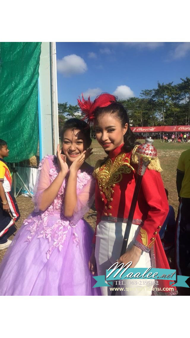 พร้อมเช่า ชุดแฟนซียาว แบบแขนยาว จั๊มปลายแขนน่ารักมาก เนื้อผ้าเป็นตาข่ายแบบซีทรู แต่งดอกและลูกปัด สีม่วง (ซิปหลัง)