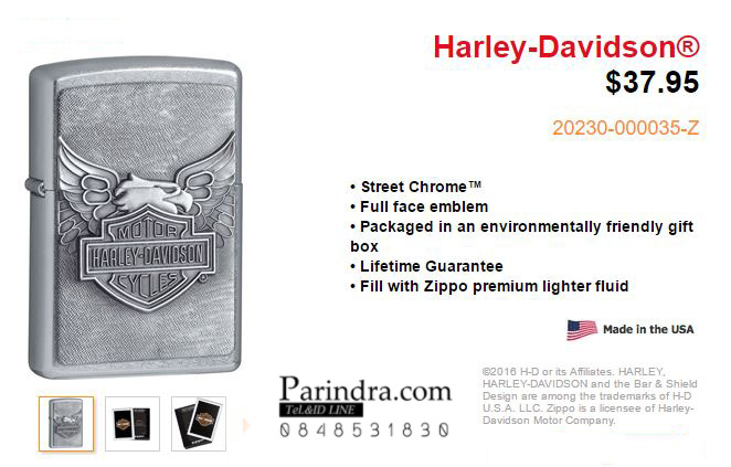 ไฟแช็ค Zippo แท้ "Zippo 20230, Harley Davidson, Emblem, Street Chrome" แท้นำเข้า 100%