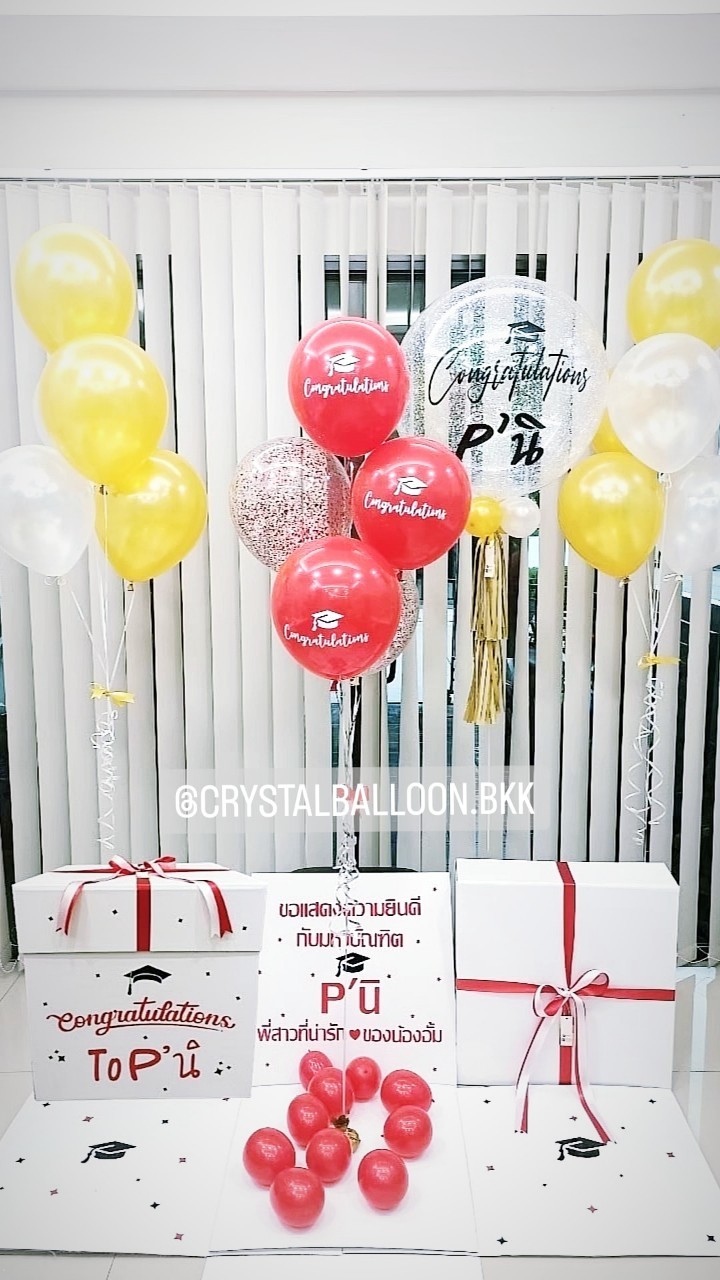 Surprise Box กล่อเซอร์ไพรส์แสดงความยินดี Bubble ขนาด 24'' Theme สีแดง-ทอง พร้อมตกแต่ง ช่อลูกโป่ง 5 ลูก 3 ช่อ สามารถใส่รูปได้ 2 รูป สามารถเปลี่ยนสีลูกโป่ง/เปลี่ยนข้อความได้