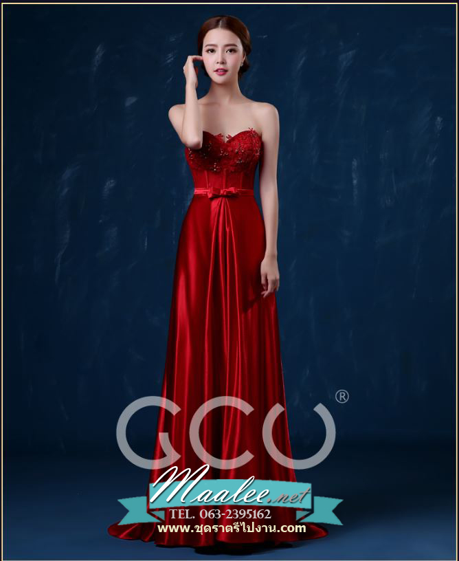 พร้อมส่ง ชุดราตรียาว แบบเกาะอก/ชายยาว สีแดง มีฟองน้ำในตัว เสริมโครงข้างลำตัว หรูมาก ช่วงอกแต่งลูกไม้&คริสตัล (ซิปหลัง)