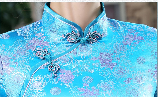 Pre-order กี่เพ้า สีฟ้า ผ้าไหมจีน กุ๊นขอบ ตัดเย็บอย่างดี