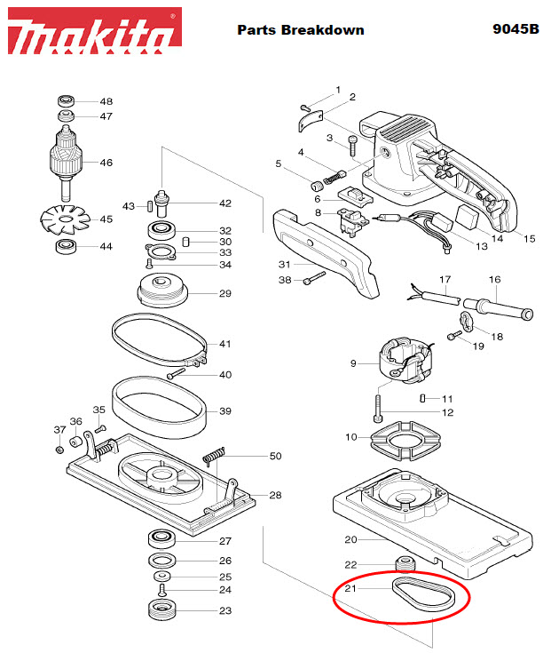 สายพาน เครื่องขัดกระดาษทราย มากีต้า Makita 9045B, 9045N Pn.001080 (แท้) ## (**)