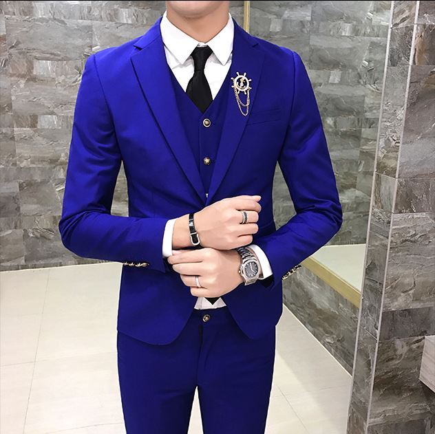 พร้อมเช่า ชุดสูทชาย สีน้ำเงินเข้ารูป แต่งกระดุมทอง (ไม่มีเสื้อกั๊ก)