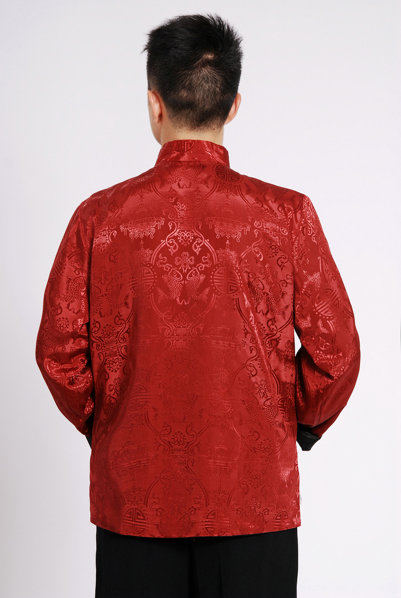 Pre-order ชุดจีน ชาย เสื้อคอจีน ผ้าแพร สีแดง / ดำ ใส่ได้สองด้าน