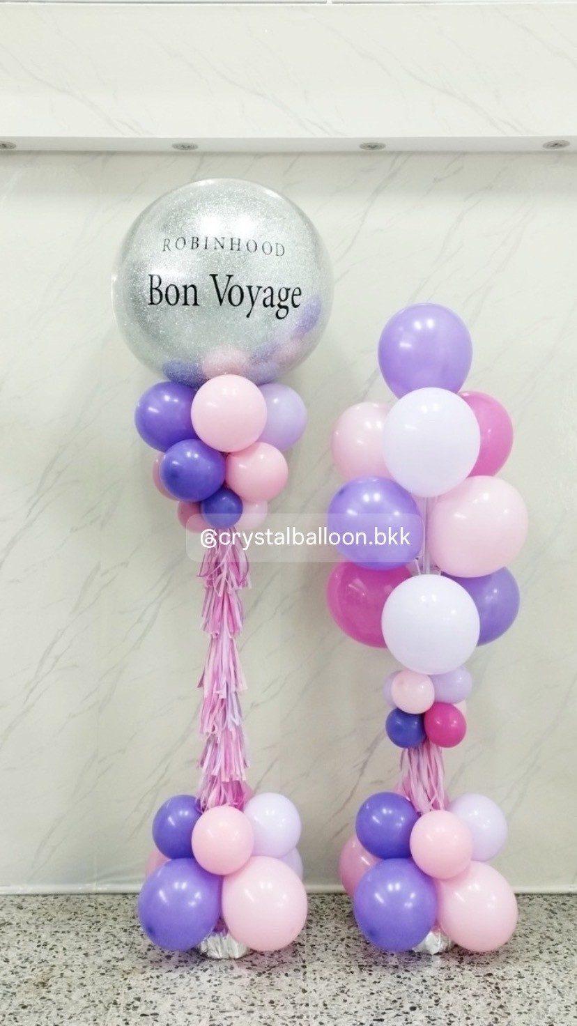 เสาลูกโป่ง เปิดงาน Bubble ขนาด 36" กลิตเตอร์สีเงิน 1 เสา พร้อม เสาช่อลูกโป่ง ช่อ 10 ลูก 1 เสา พร้อมตกแต่ง สามารถเปลี่ยนสีลูกโป่ง/เปลี่ยนข้อความได้