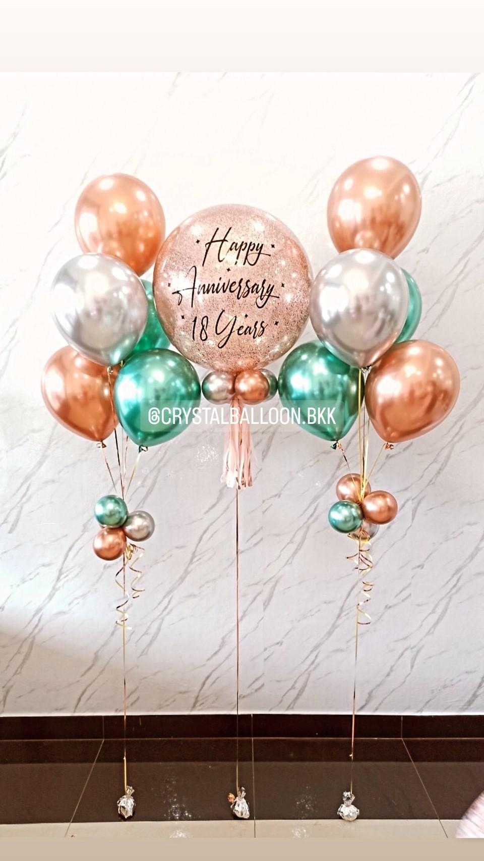 ลูกโป่ง Anniversary Bubble ขนาด 24" สีโรสโกล พร้อมตกแต่ง ช่อลูกโป่งโครเมี่ยม 5 ลูก 2 ช่อ สามารถเปลี่ยนสีลูกโป่ง/เปลี่ยนข้อความ/เปลี่ยนขนาดได้
