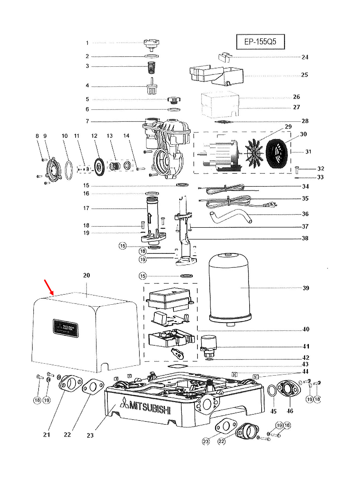 *เลิกจำหน่าย* ฝาครอบ ปั้มน้ำ มิตซู EP-155, EP-205, EP-255, EP-305, EP-355, EP-405(รหัสท้ายQ3,Q5,QS) Pn.H01305P80 (แท้)