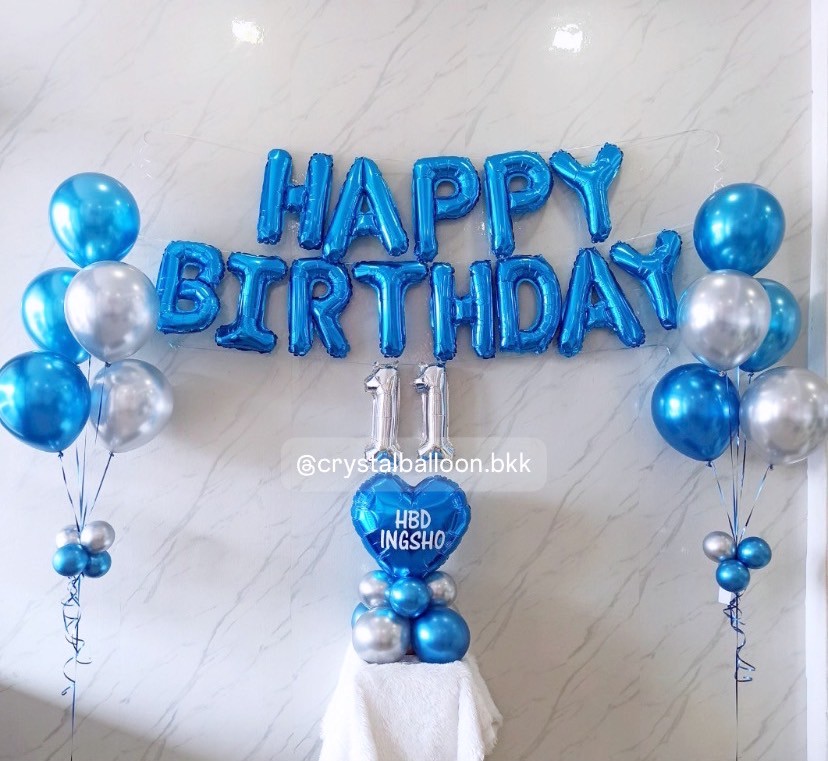 ลูกโป่ง วันเกิด ฟอยล์ตัวอักษร Happy Birthday สีน้ำเงิน พร้อม ฟอยล์ตัวเลข ขนาด 16" 2 ชิ้น ช่อลูกโป่ง ช่อ 5 ลูก 2 ช่อ ฟอยล์หัวใจ ขนาด 18" สีน้ำเงิน ตั้งฐาน 1 ชิ้น พร้อมตกเเต่ง สามารถเปลี่ยนสีลูกโป่ง/เปลี่ยนสี-ฟอยล์ตัวอักษรได้
