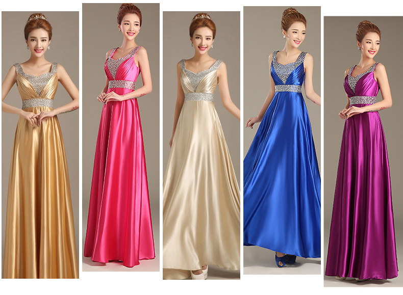 พร้อมเช่า ชุดราตรียาว สีทอง คอวี จับเดรปหน้าอก ปักเลือมช่วงอกและเอว