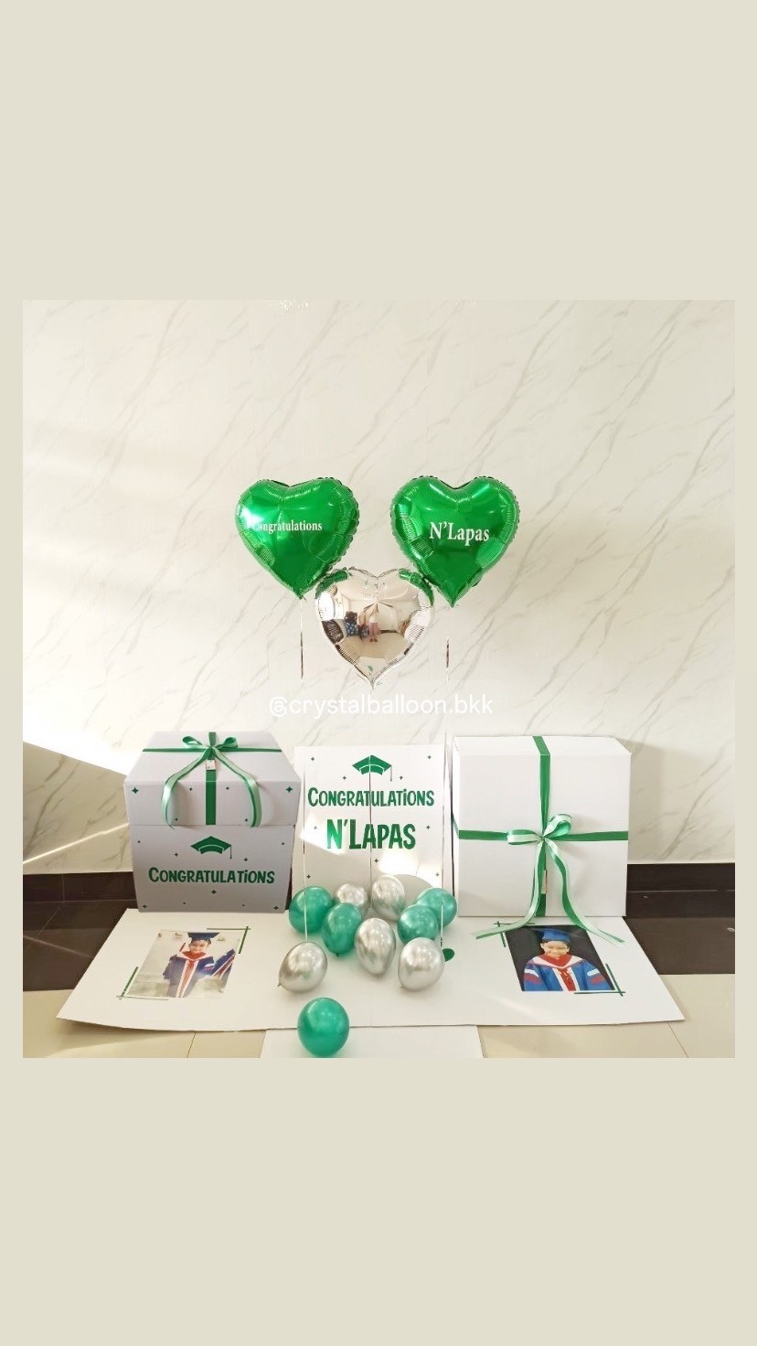 Congradulation Surprise Box กล่องเซอร์ไพรส์แสดงความยินดี พร้อม ฟอยล์หัวใจ 18" 3 ชิ้น พร้อมตกเเต่ง สามารถใส่รูปได้ 2 ใบ สามารถเปลี่ยนสีลูกโป่ง/เปลี่ยนข้อความ/เปลี่ยนสีฟอยล์ตกเเต่งได้