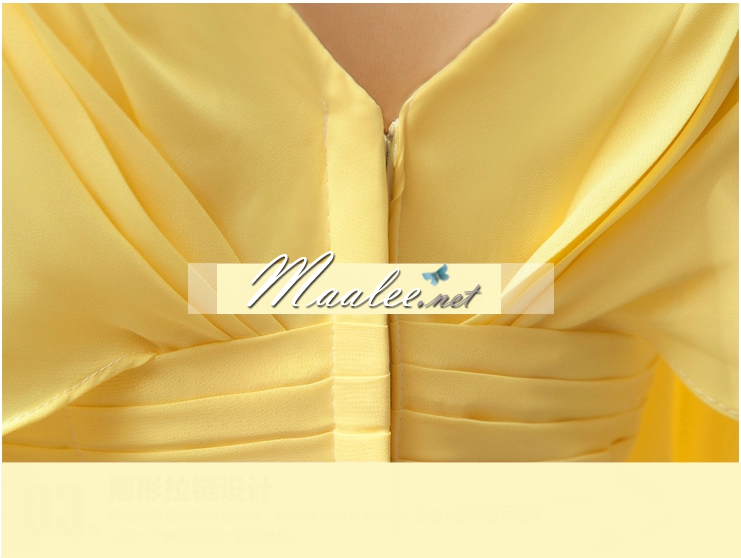 พร้อมเช่า ชุดราตรียาว สีเหลือง แบบเก๋ แขนย้วยผ่าข้างช่วยพรางต้นแขน แต่งเลื่อมช่วงเอว เข็มกลัดเพชรตรงไหล่