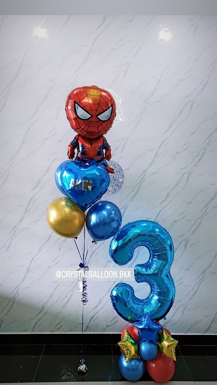 ลูกโป่ง วันเกิดเด็ก ช่อลูกโป่งฟอยล์ Spider Man 1 ช่อ พร้อม ฟอยล์หัวใจ ขนาด 18" 1 ชิ้น,ลูกโป่ง 4 ลูก ฟอยล์ตัวเลข ขนาด 40" ตั้งฐาน 1 ชิ้น พร้อมตกแต่ง สามารถเปลี่ยนสีลูกโป่ง/เปลี่ยนข้อความ/เปลี่ยนสี-ฟอยล์ตัวเลข/เปลี่ยนฟอยล์ตกแต่งได้