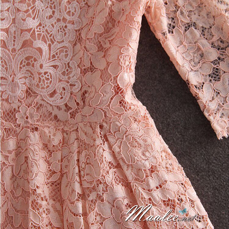 พร้อมส่ง ชุดราตรีสั้น/แขนยาว คอวี เนื้อผ้าลูกไม้ & Cotton แต่งซิปข้าง สีแดง (เหลือเฉพาะไซส์ 3XL)